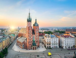 Krakow, Poland. Aerial view of St. Mary's Basilica (Bazylika Mariacka) on sunrise