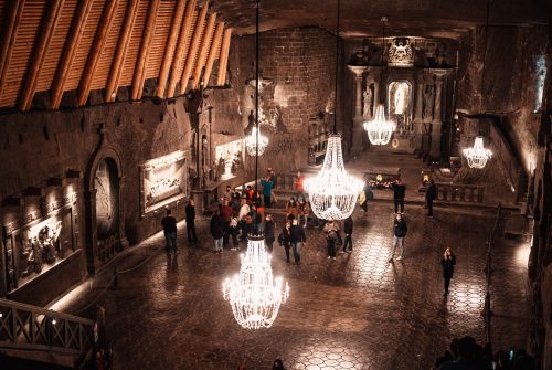 Wieliczka, Poland October 24 2021. St. Kinga's Chapel in the Wieliczka Salt Mine near Krakow. Opened in the 13th century, the mine produced table salt. Underground corridor in Wieliczka Salt Mine. Add noise